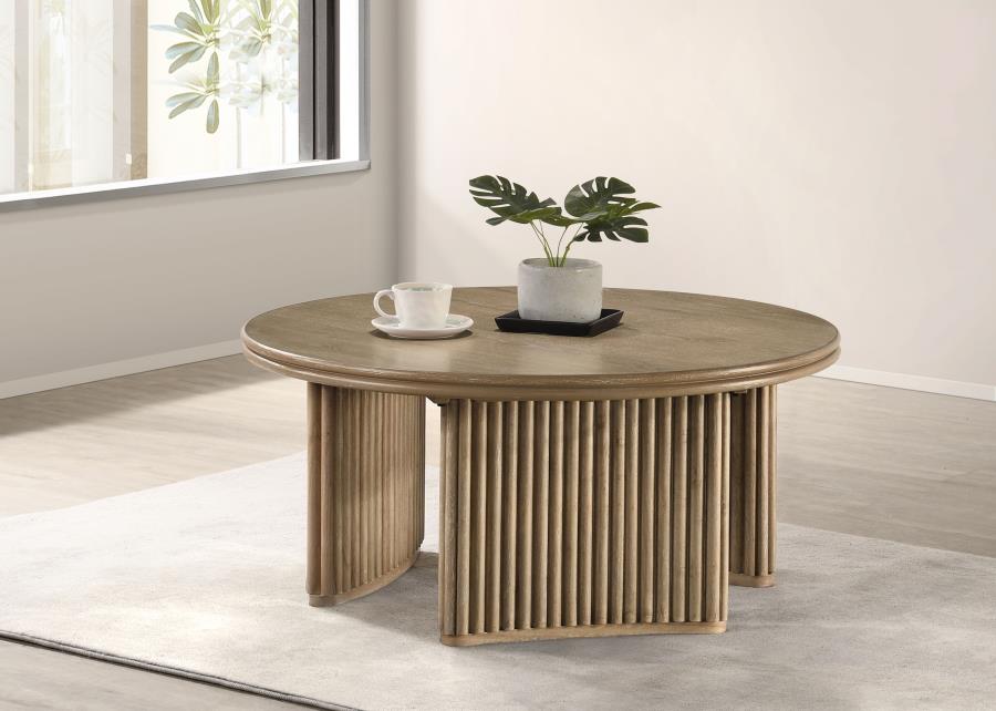 Adina 36-inch Round Wood Coffee Table Distressed Light Brown view 2