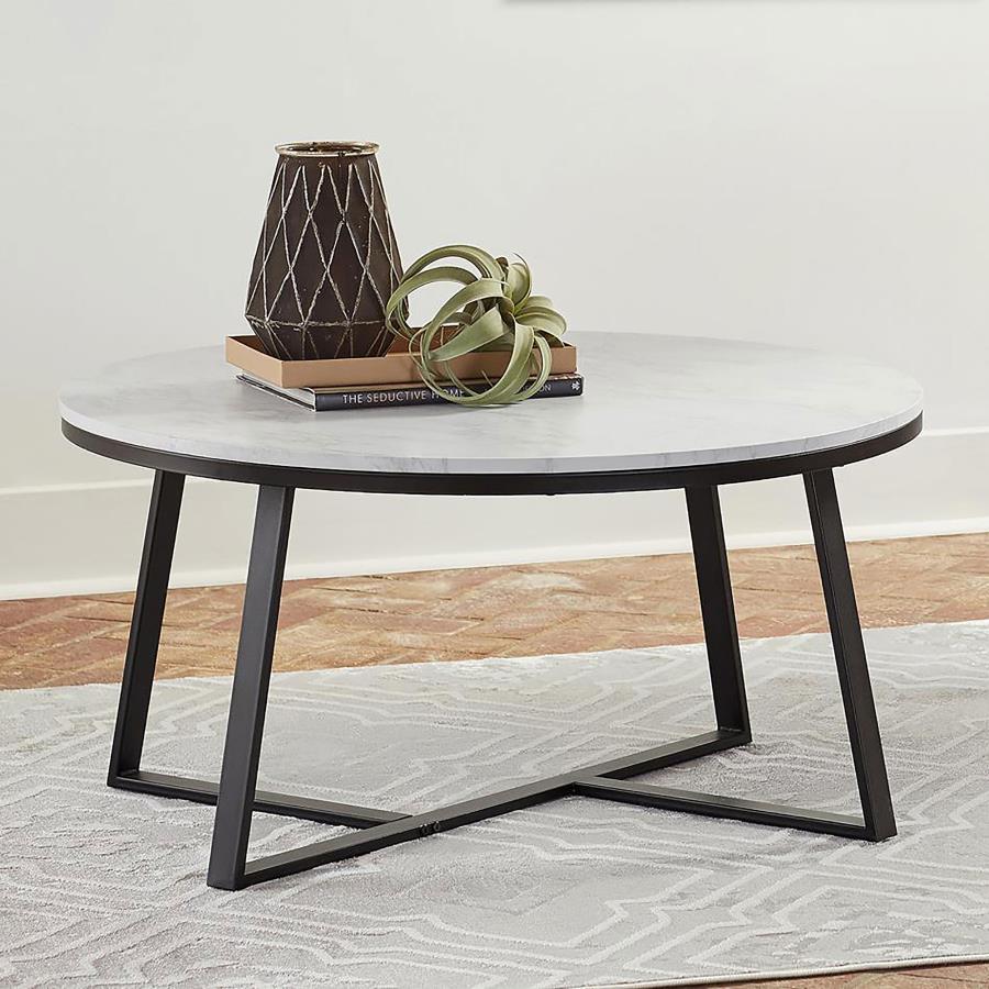 Hugo Round Faux Marble Coffee Table White and Matte Black view 2