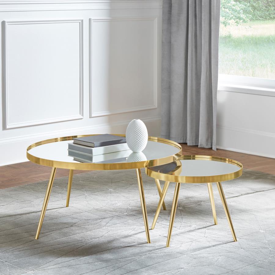 Kaelyn 2-piece Round Mirror Top Nesting Coffee Table Gold view 2