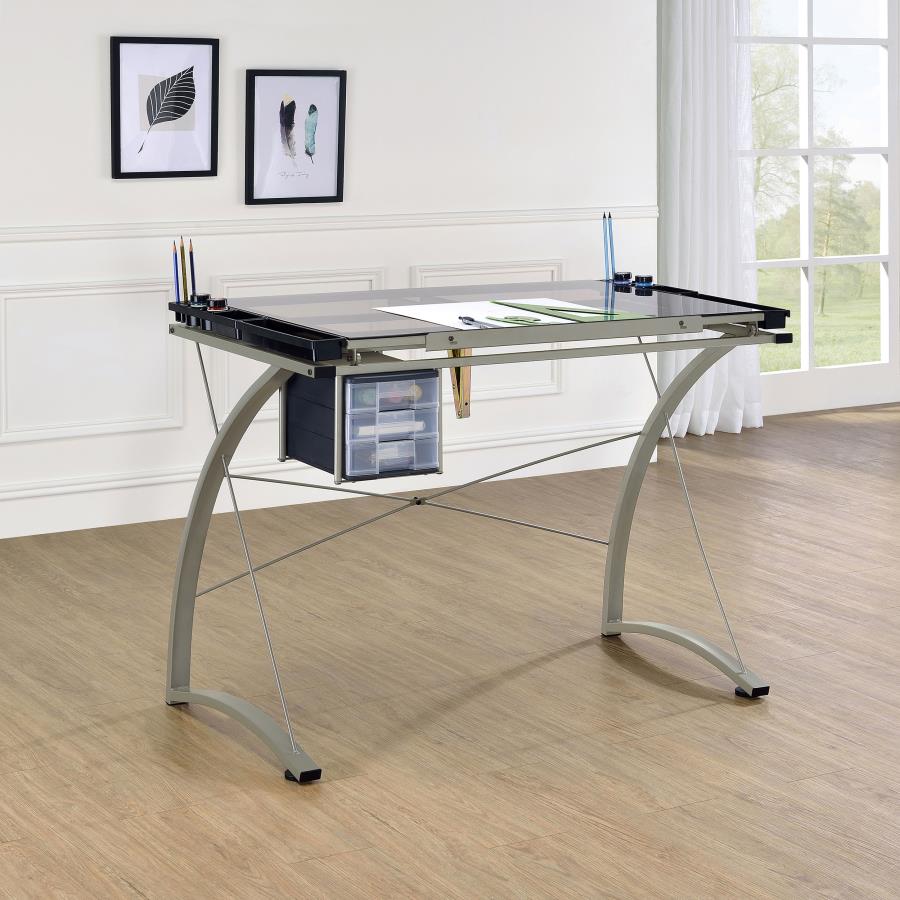 Melo 41-inch Glass Top Drafting Table with Storage Silver view 2