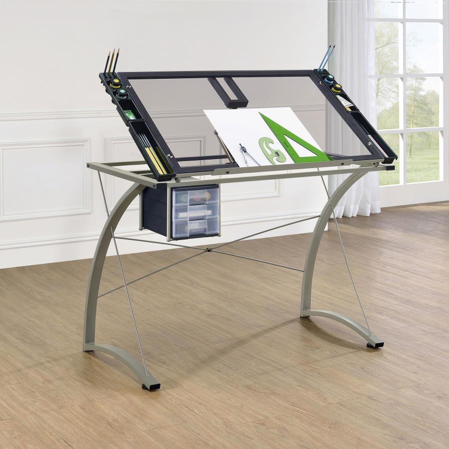 Melo 41-inch Glass Top Drafting Table with Storage Silver view 3