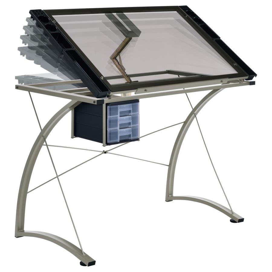 Melo 41-inch Glass Top Drafting Table with Storage Silver view 4