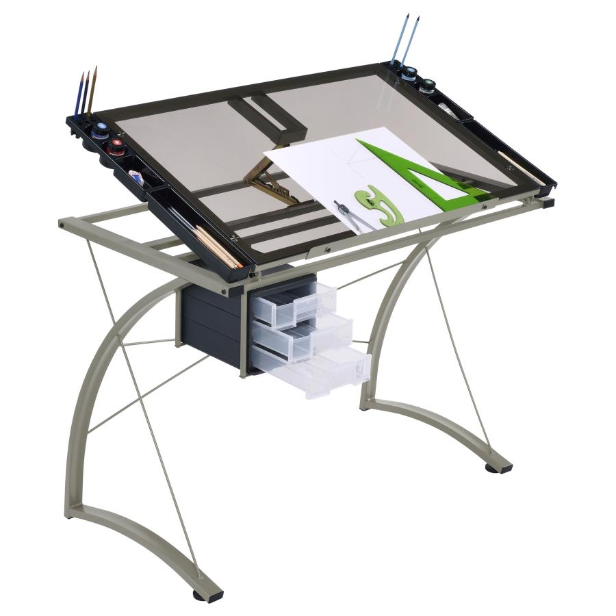 Melo 41-inch Glass Top Drafting Table with Storage Silver view 5