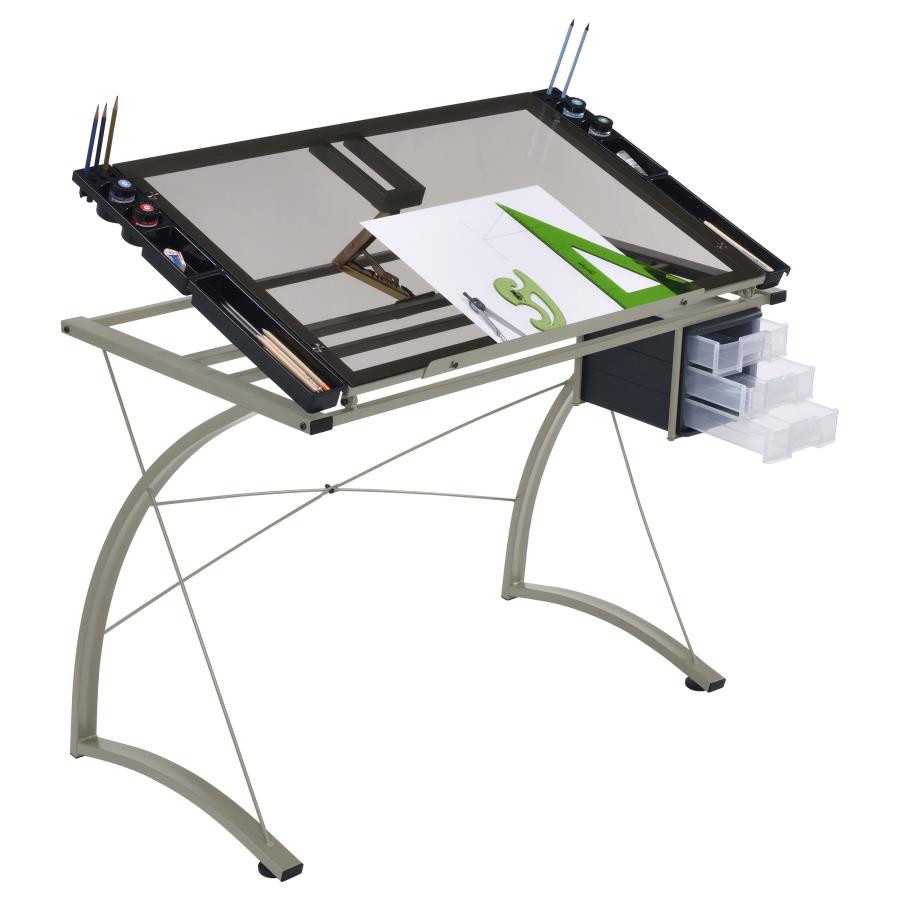 Melo 41-inch Glass Top Drafting Table with Storage Silver view 6