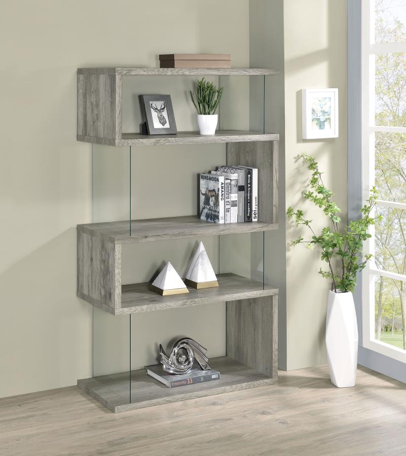 Emelle 63-inch 4-shelf Glass Panel Bookshelf Grey Driftwood view 2