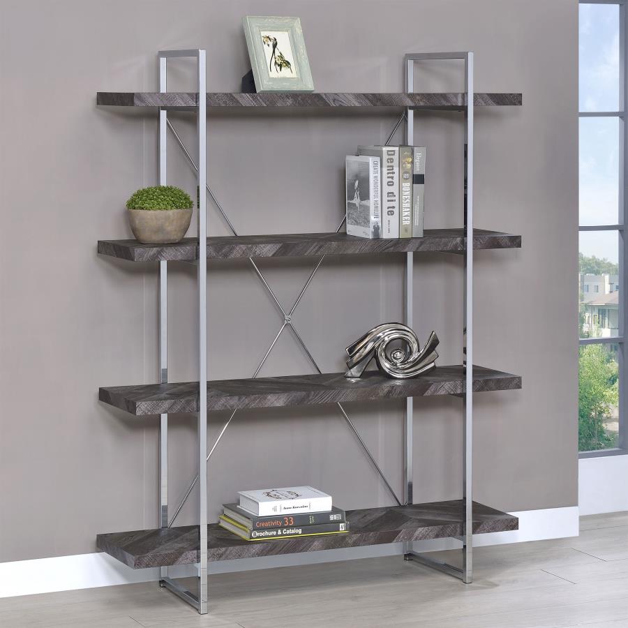 Grimma 63-inch 4-shelf Bookshelf Rustic Grey and Chrome view 2