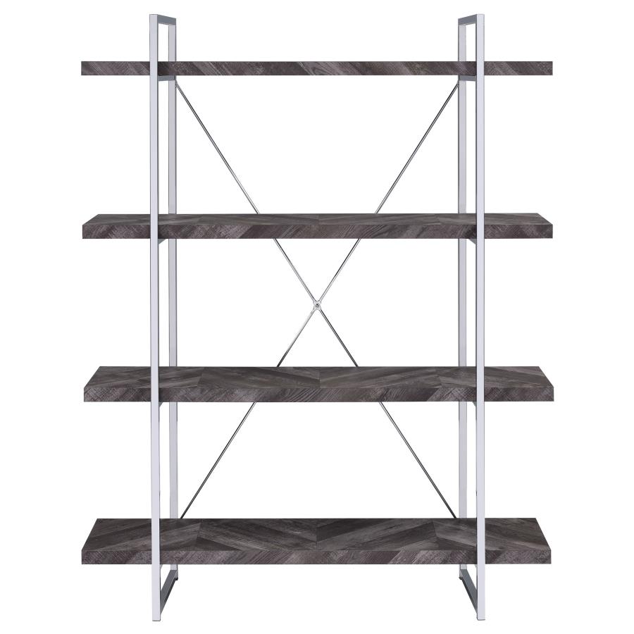 Grimma 63-inch 4-shelf Bookshelf Rustic Grey and Chrome view 2