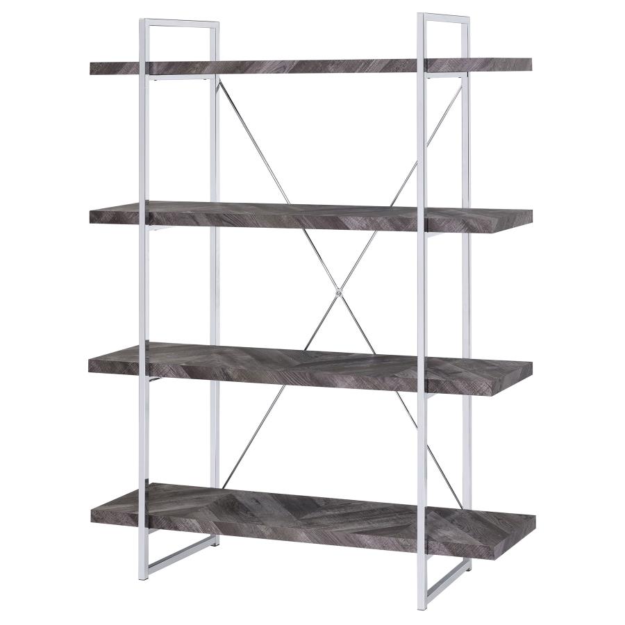 Grimma 63-inch 4-shelf Bookshelf Rustic Grey and Chrome view 3