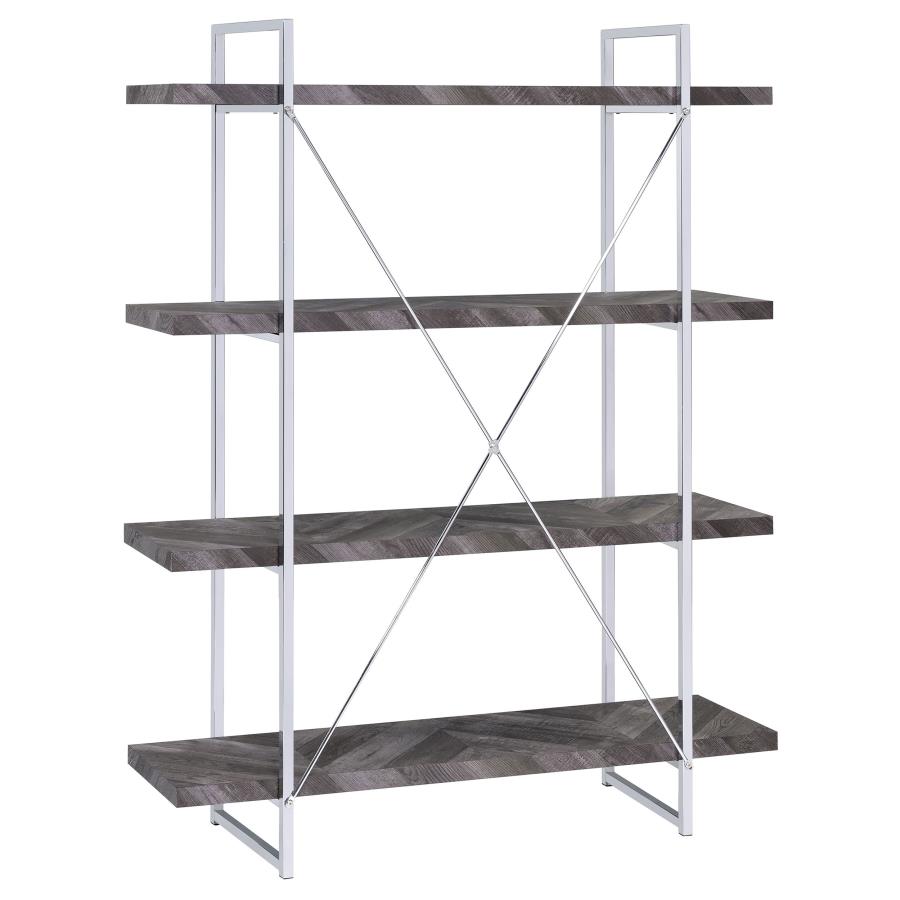 Grimma 63-inch 4-shelf Bookshelf Rustic Grey and Chrome view 5