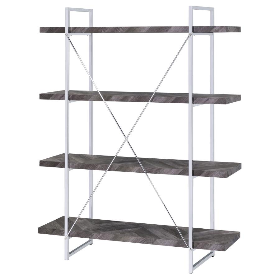 Grimma 63-inch 4-shelf Bookshelf Rustic Grey and Chrome view 7