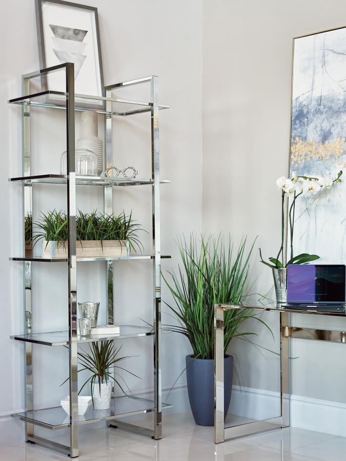 Hartford 79-inch 5-shelf Glass Bookshelf Chrome view 2