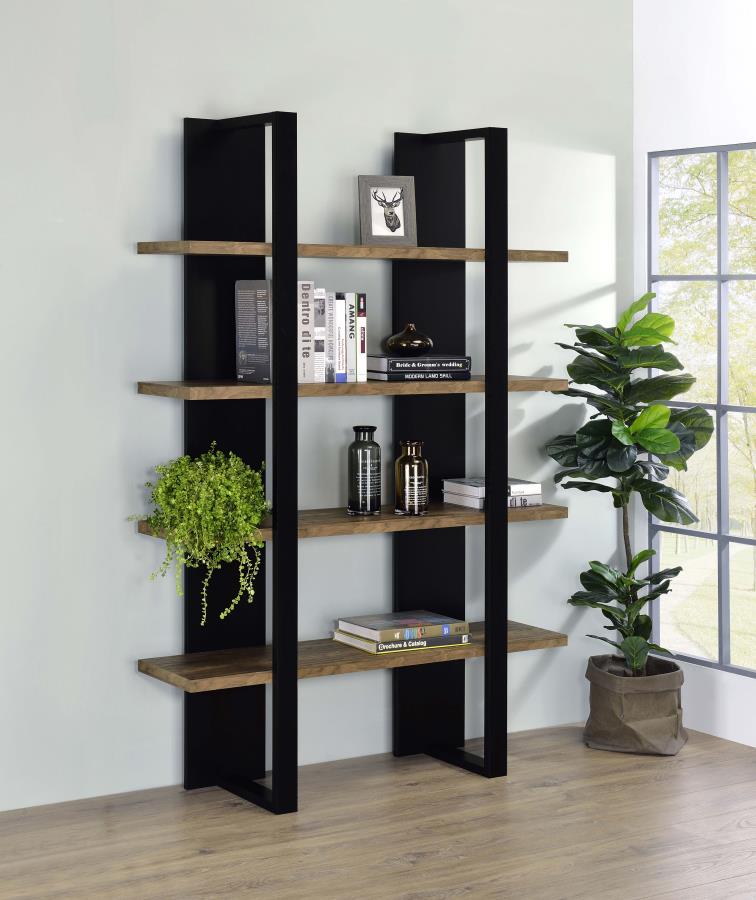 Danbrook 71-inch 4-shelf Bookshelf Black and Aged Walnut view 2
