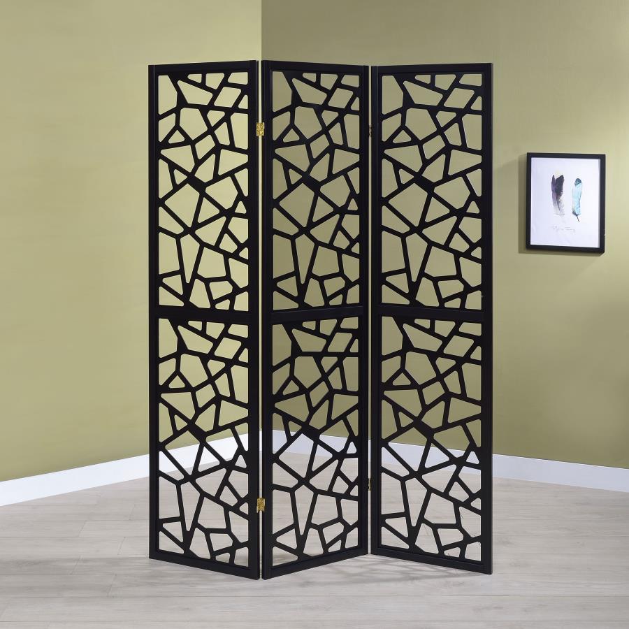 Nailan 3-Panel Room Divider Folding Screen Black Open Mosaic view 2