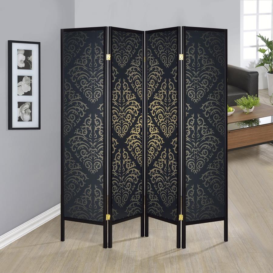 Haidera 4-Panel Room Divider Folding Screen Black Damask view 2