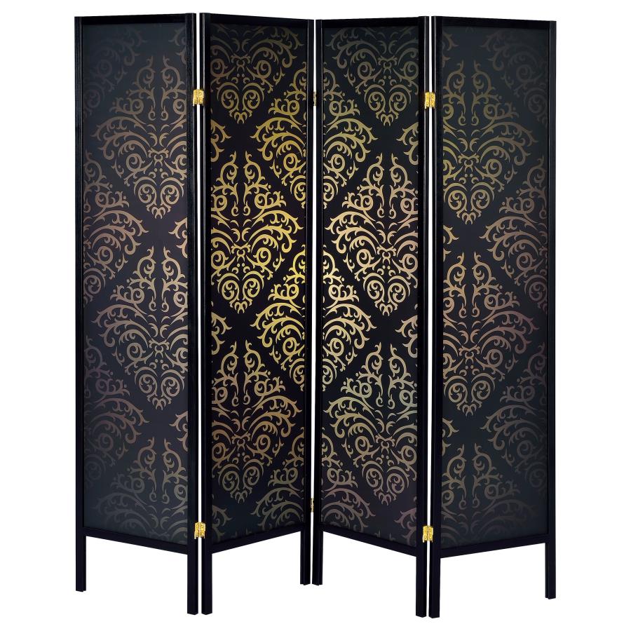 Haidera 4-Panel Room Divider Folding Screen Black Damask view 3
