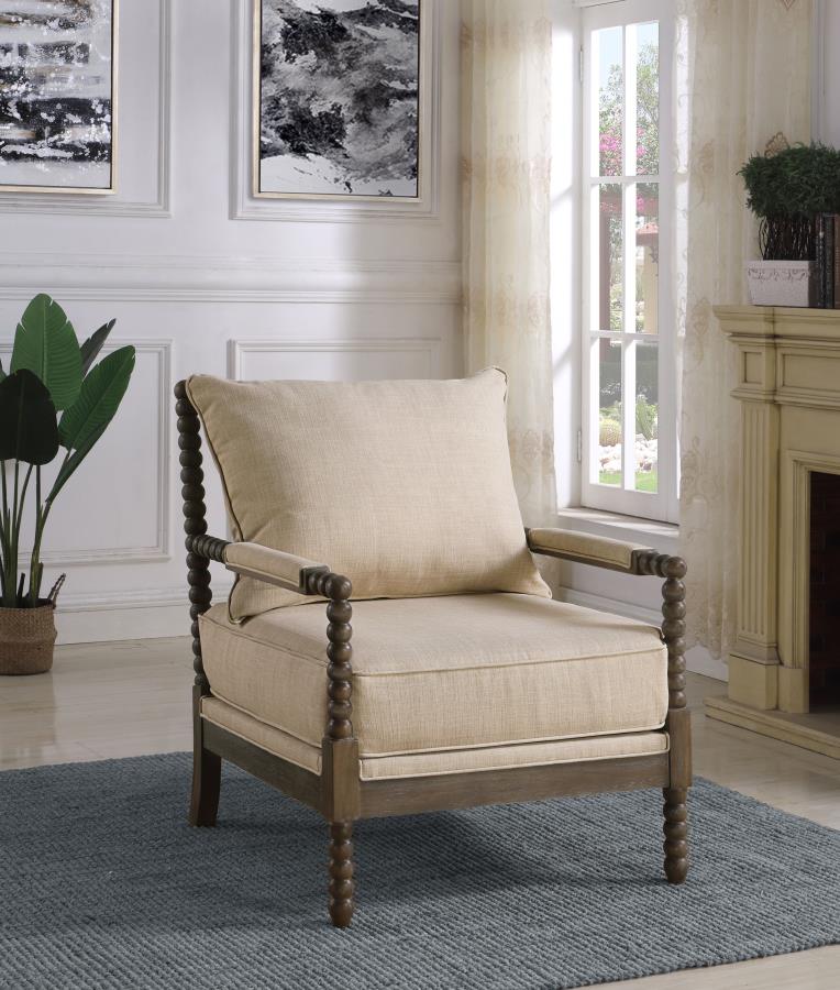 Blanchett Upholstered Bobbin Accent Chair Beige and Distressed Brown view 2