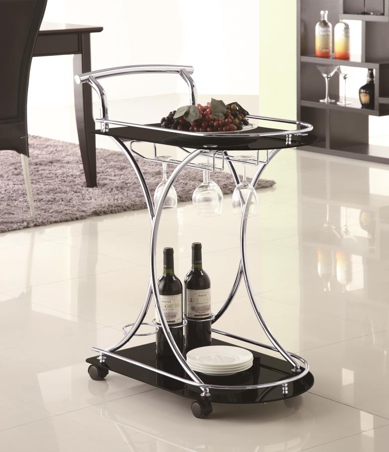 Elfman 2-tier Glass Shelf Metal Bar Cart Black and Chrome view 2