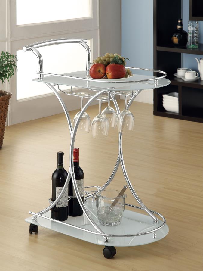 Elfman 2-tier Glass Shelf Metal Bar Cart White and Chrome view 2