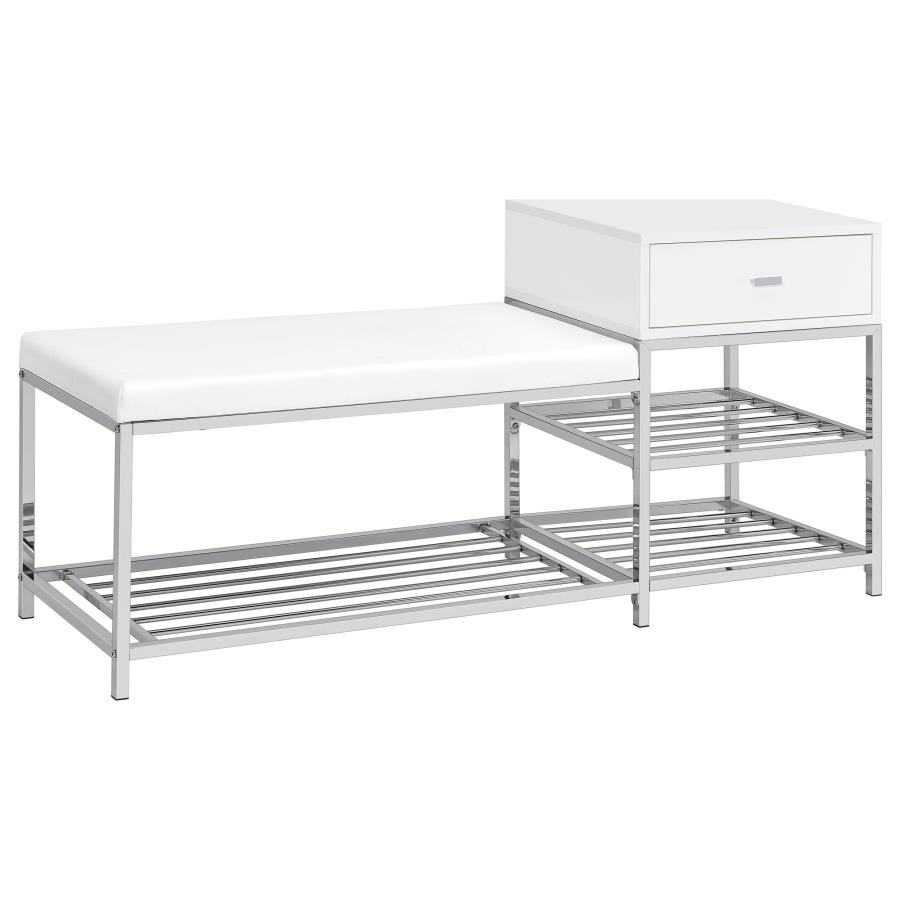 Siega 1-Drawer Shoe Storage Entryway Bench White High Gloss and Chrome