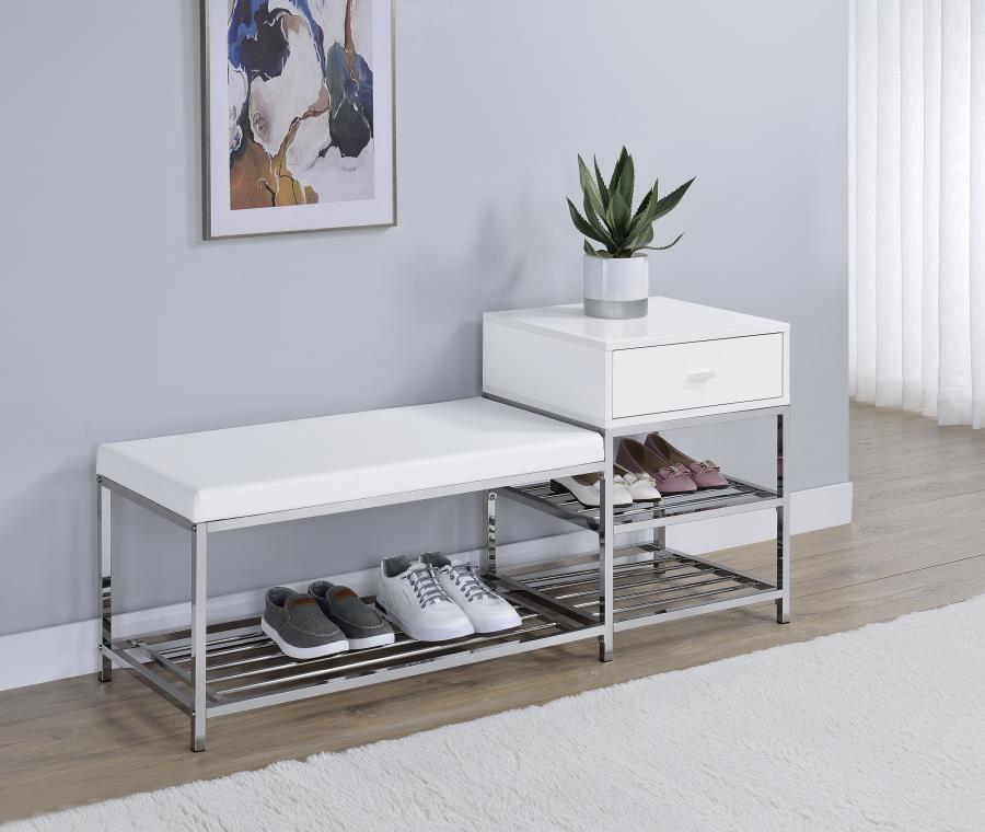 Siega 1-Drawer Shoe Storage Entryway Bench White High Gloss and Chrome view 2