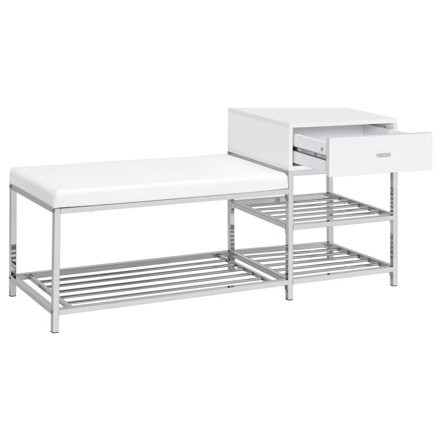 Siega 1-Drawer Shoe Storage Entryway Bench White High Gloss and Chrome view 3