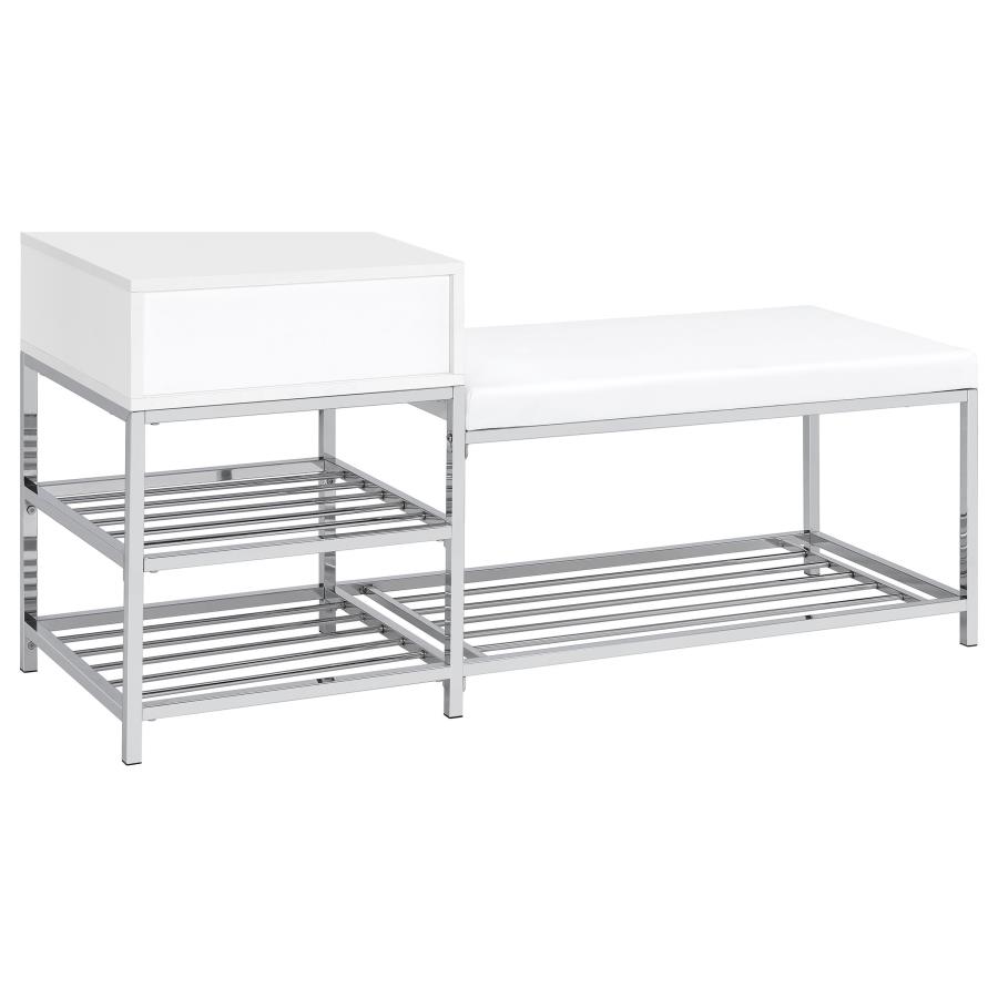 Siega 1-Drawer Shoe Storage Entryway Bench White High Gloss and Chrome view 6