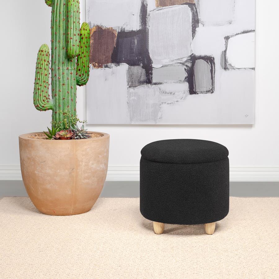 Valia Faux Sheepskin Upholstered Round Storage Ottoman Black view 2
