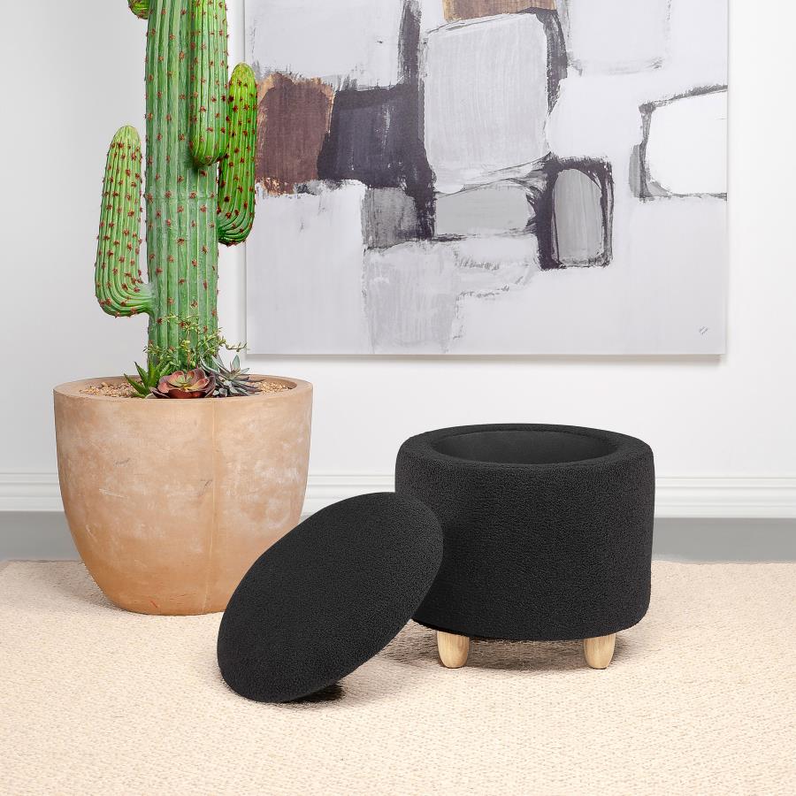 Valia Faux Sheepskin Upholstered Round Storage Ottoman Black view 3