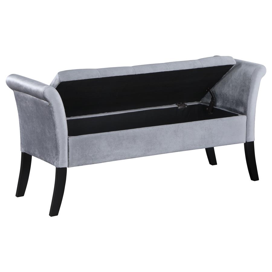 Farrah Velvet Upholstered Rolled Arm Storage Bench Silver view 3