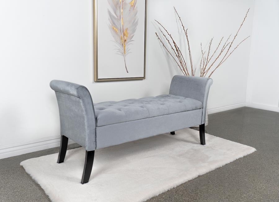 Farrah Velvet Upholstered Rolled Arm Storage Bench Silver view 2