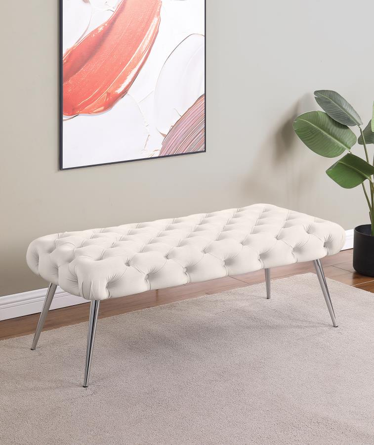 Ella Upholstered Tufted Bench Stainless Steel Legs Ivory view 2