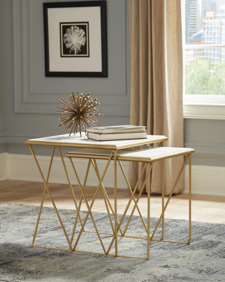 Bette 2-piece Marble Top Nesting Table Set White and Gold view 2