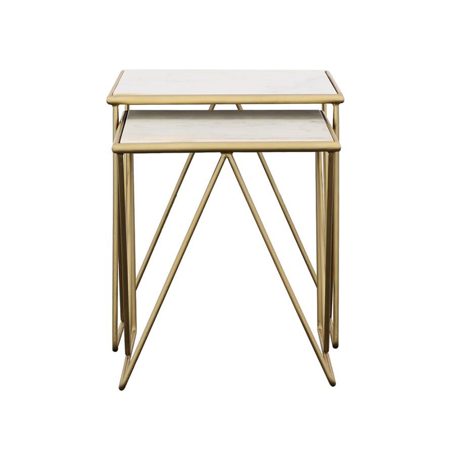 Bette 2-piece Marble Top Nesting Table Set White and Gold view 3