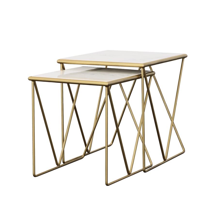 Bette 2-piece Marble Top Nesting Table Set White and Gold view 4