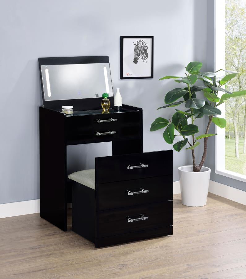 Danbury 3-drawer Makeup Vanity & Stool Set Black High Gloss view 3