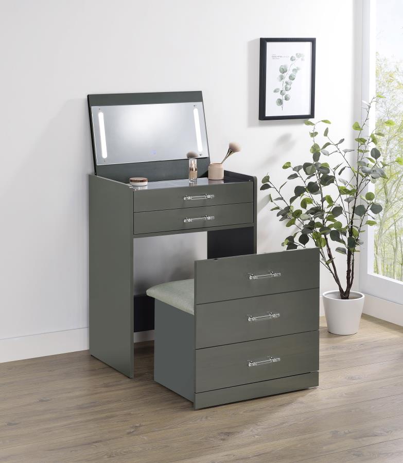 Danbury 3-drawer Makeup Vanity & Stool Set Grey High Gloss view 3