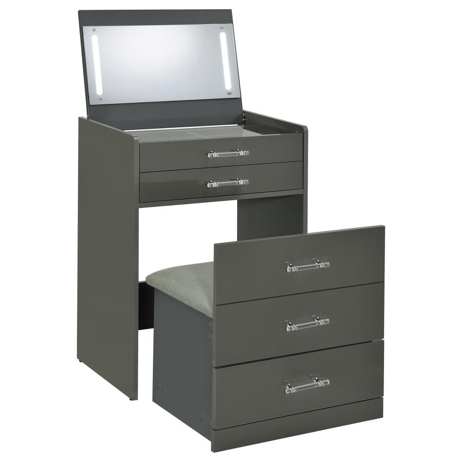 Danbury 3-drawer Makeup Vanity & Stool Set Grey High Gloss view 6
