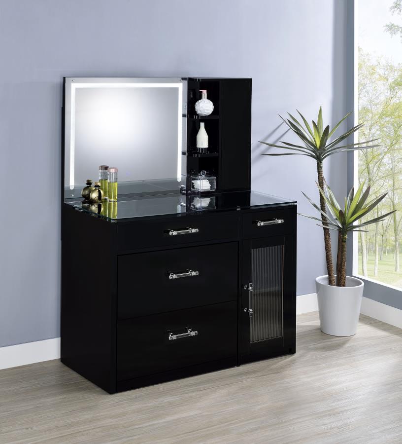 Flora 2-drawer Vanity Set with LED Mirror Black High Gloss view 2