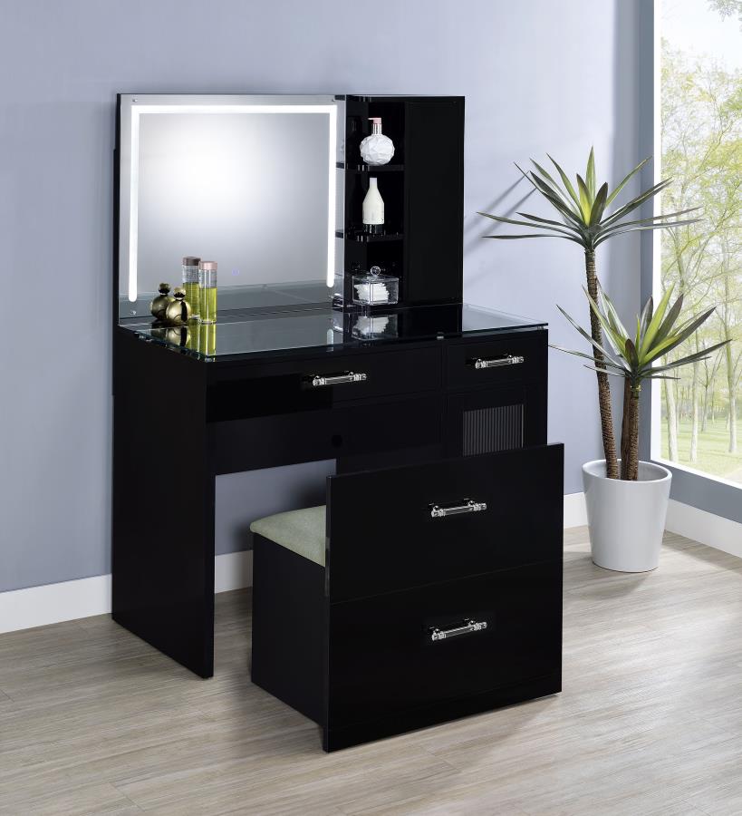 Flora 2-drawer Vanity Set with LED Mirror Black High Gloss view 3
