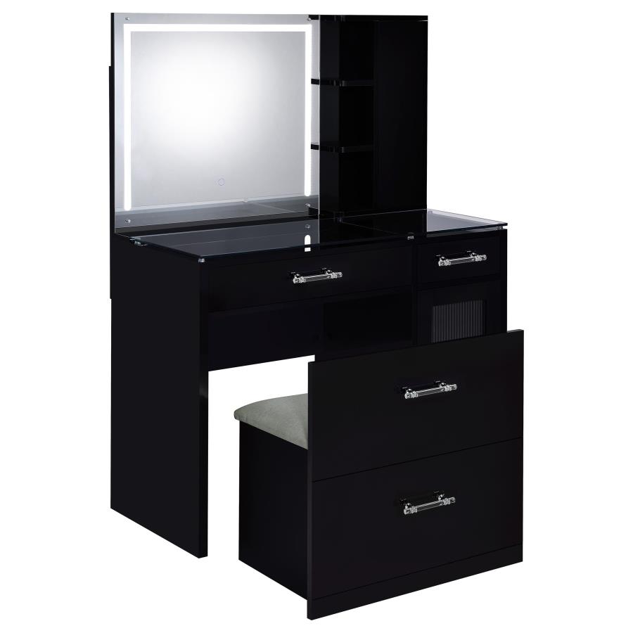 Flora 2-drawer Vanity Set with LED Mirror Black High Gloss view 5