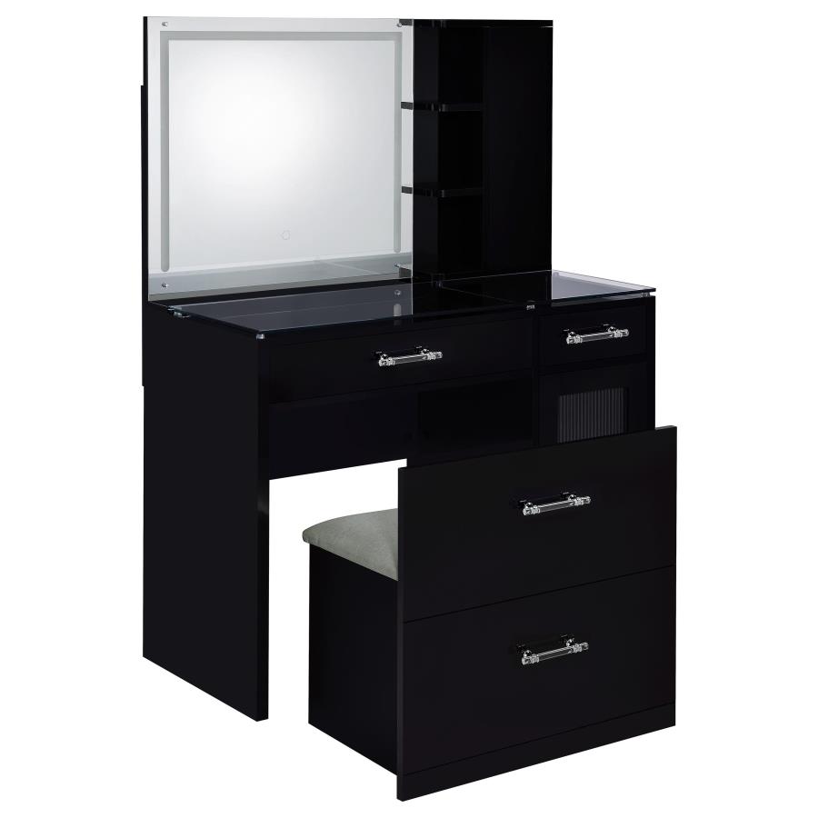 Flora 2-drawer Vanity Set with LED Mirror Black High Gloss view 6