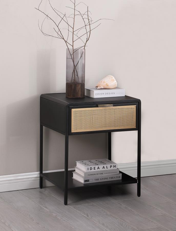 Amherst 1-drawer Radio Weave Cane Metal Bedside Table Black view 2