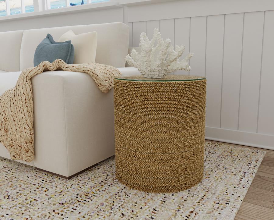 Halden Round Woven Seagrass Accent Side Table Light Brown view 2