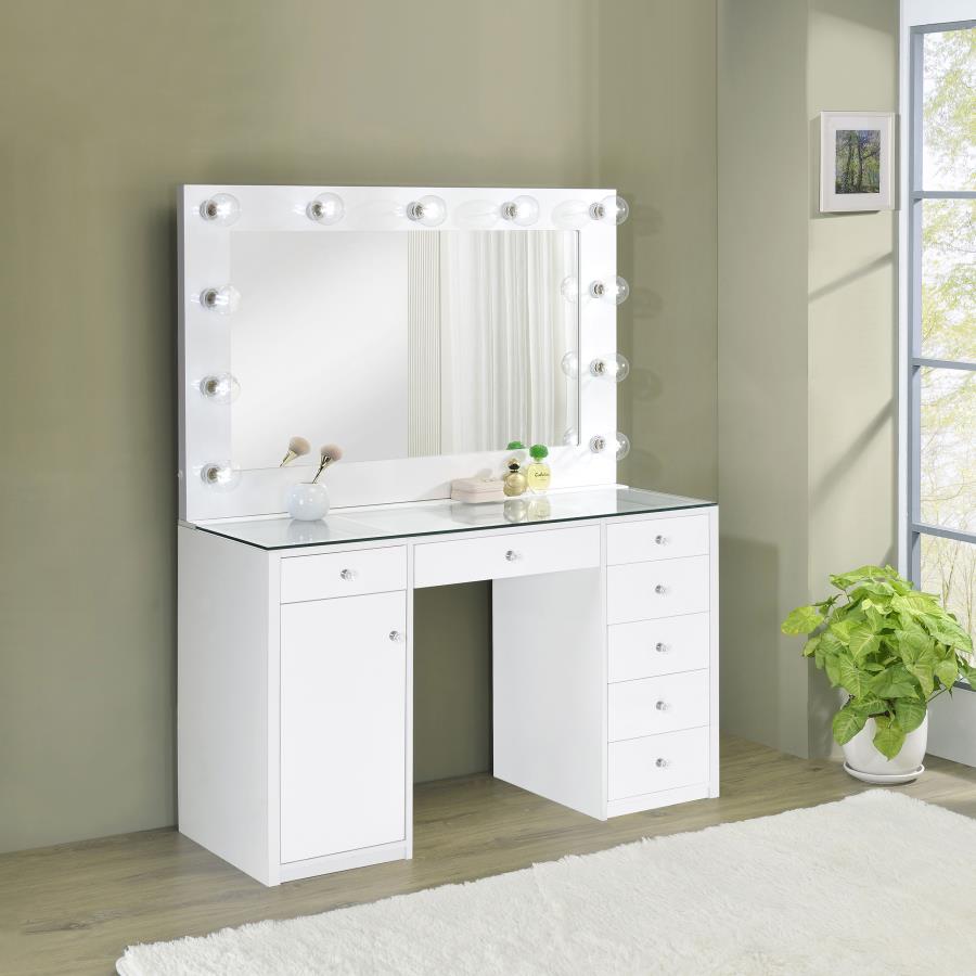Acena 7-drawer Vanity Set with Lighting White High Gloss view 2