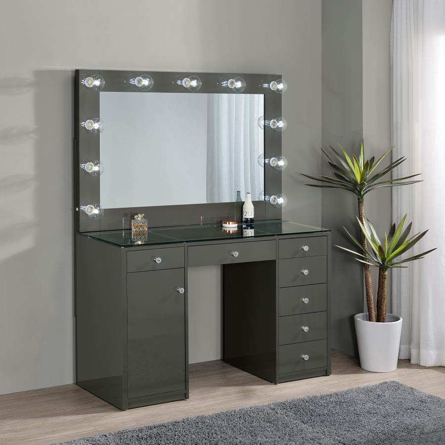Acena 7-drawer Vanity Set with Lighting Grey High Gloss view 3