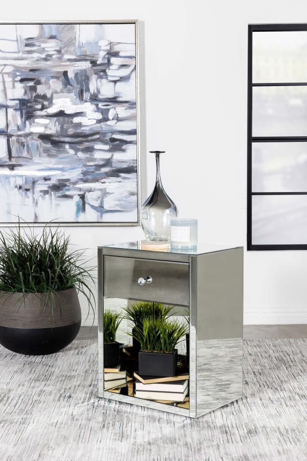 Coquette 1-drawer Mirrored Accent Side Table Silver view 2