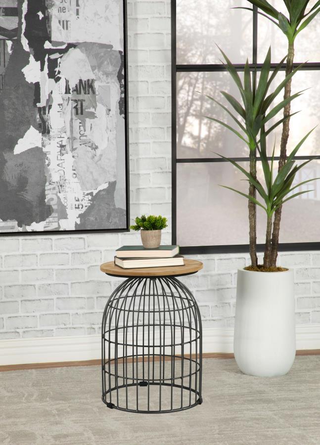 Bernardo Round Wire Frame Side Table Natural and Gunmetal view 2