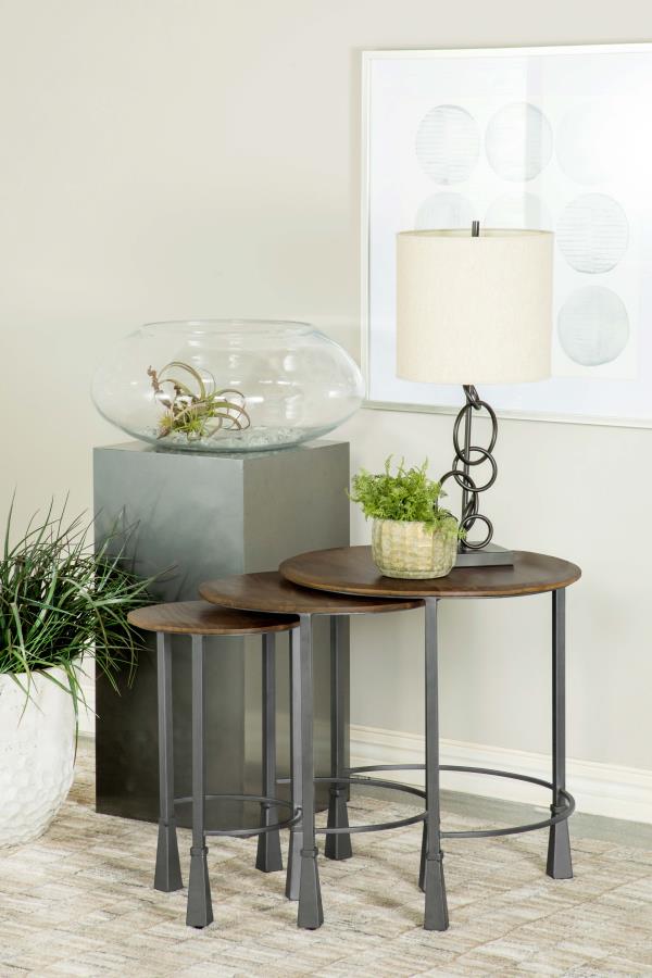 Deja 3-piece Round Nesting Table Set Natural and Gunmetal view 2