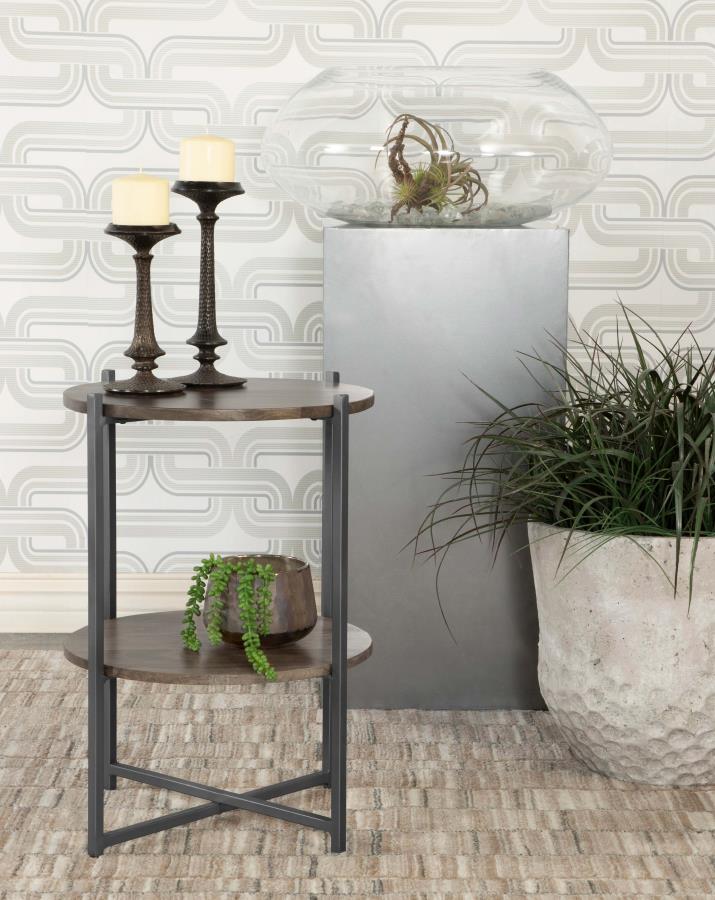 Axel Round Accent Table with Open Shelf Natural and Gunmetal view 2