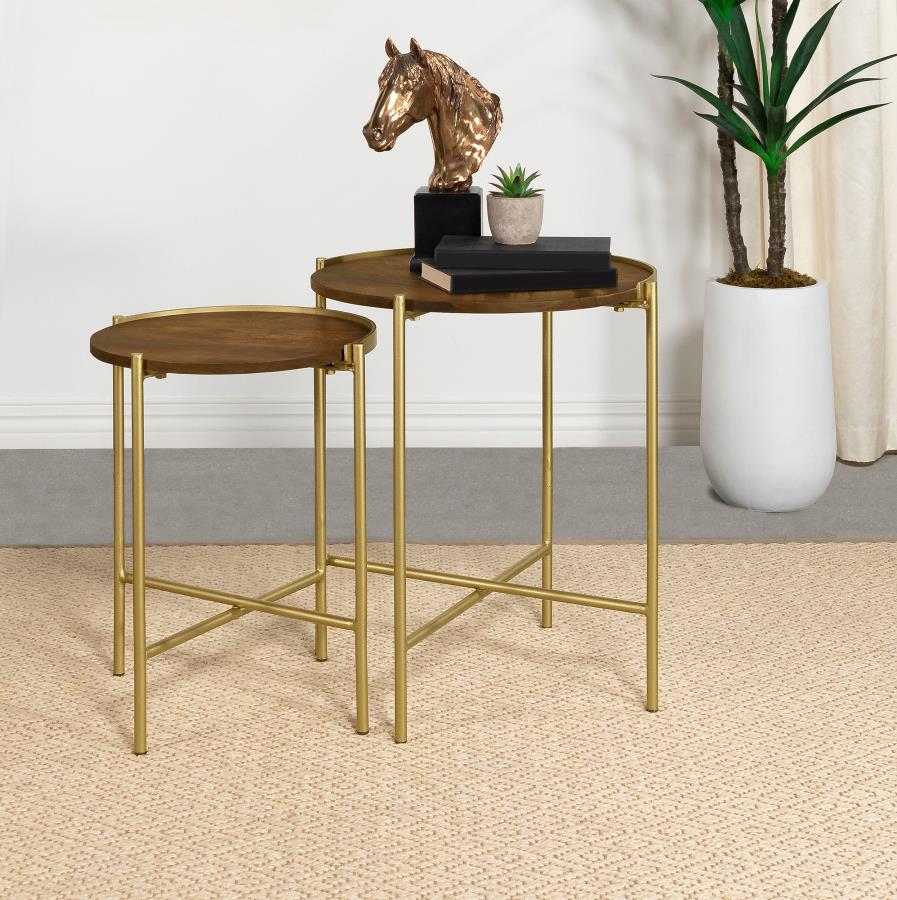 Malka 2-piece Round Wood Nesting Table Dark Brown and Gold view 2
